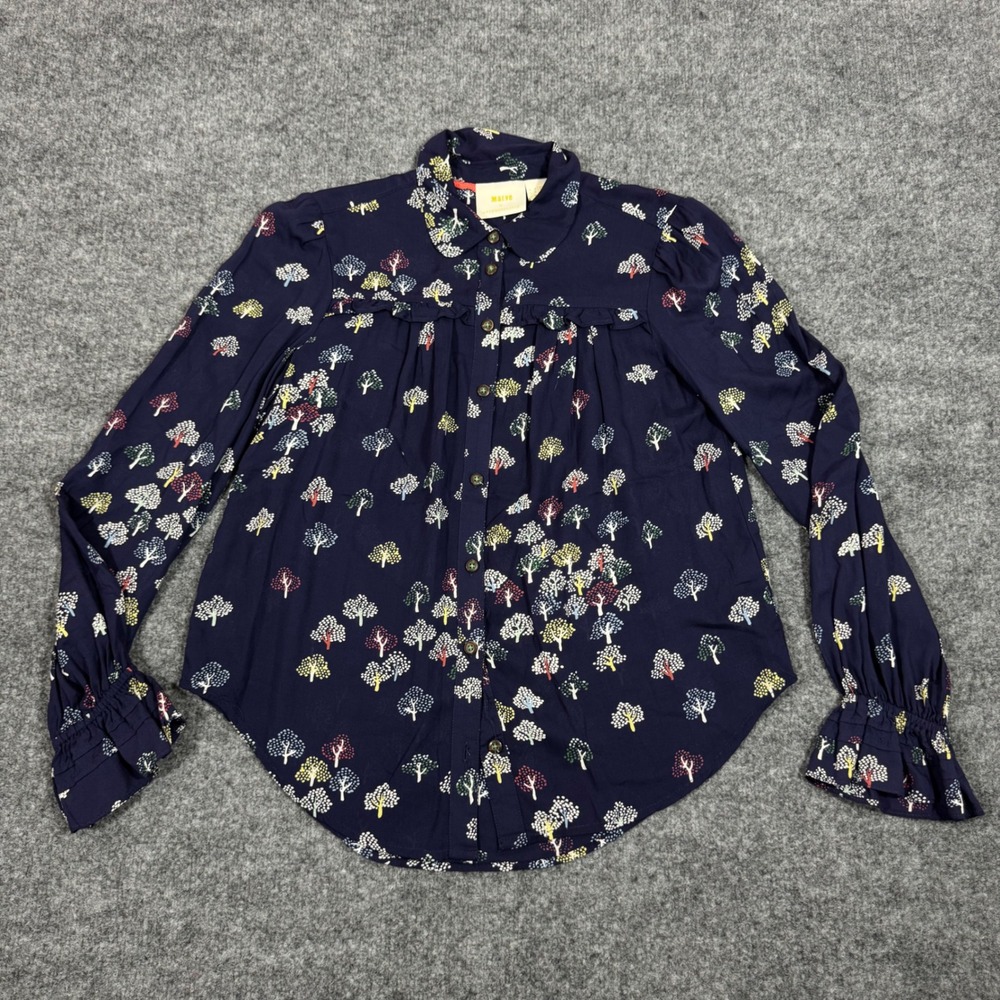 Maeve Anthropologie Tree Print Ruffle Blouse Women Size 2 Navy Blue Modal EUC